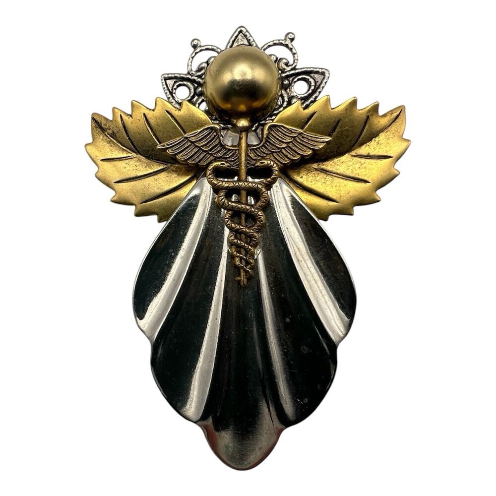 Ramona Crutcher Signed Medical Angel Pin Brooch Pendant 2 Tone Caduceus Vintage